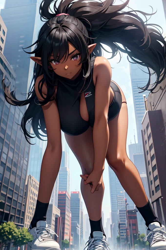 Dark skin,dark skinned female ,pointy ears,messy long hair,apple bottom jeans, black low top sneakers,plump,asymmetrical socks,black socks,GtsGiga, Gtscity,cityscape, Rampage,leaning forward,milf,huge bosom, urban outfit