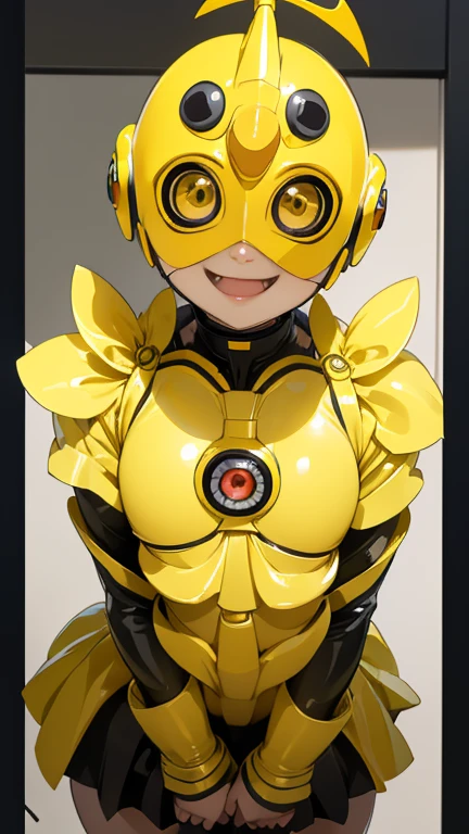 (8k),(masterpiece),(Japanese),(8-year-old girl),((innocent look)),((Childish)),From the front,smile,cute,Innocent,Kind eyes,Flat chest, Himawari Uzumaki,Kamen Rider, yellow helmet, yellow superhero mask,camisa,no Hair,cyberpunk Tokyo City