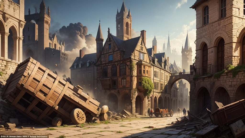 The once bustling medieval city now lies in ruins, with stone buildings crumbled and thick smoke rising from the wreckage. Cobblestone streets are littered with debris, and wooden carts lay overturned, painting a picture of medieval devastation and despair
