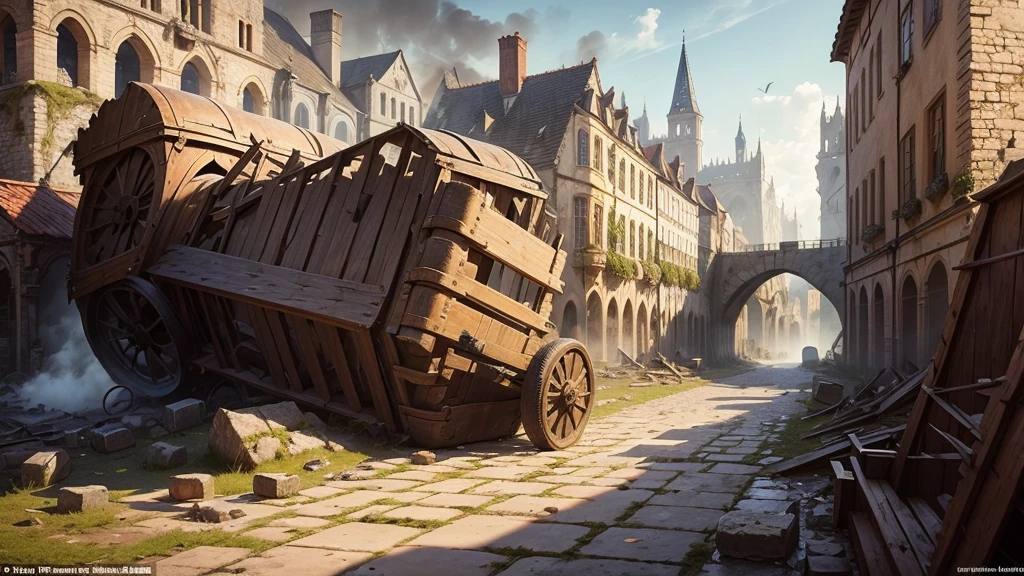 The once bustling medieval city now lies in ruins, with stone buildings crumbled and thick smoke rising from the wreckage. Cobblestone streets are littered with debris, and wooden carts lay overturned, painting a picture of medieval devastation and despair