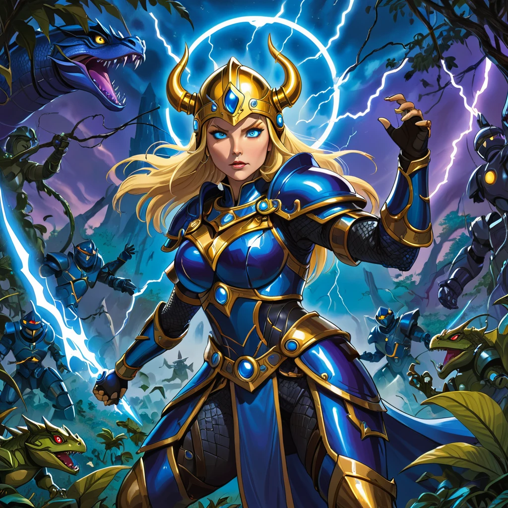 A blonde woman, (glowing blue eyes), she wears (shiny dark blue armor) with gold trim, reflective surface, intricate details, Viking helmet covers her head, boob window. Stern expression, (detailed hands and fingers, gold gauntlet). She stands firmly on the ground with one arm outstretched with lightning shooting from her hand towards a target off screen, bright blue electricity shoots from her hand, lightning bolt shoots from her hand. dynamic exaggerated poses. (lizard men and robots surround her in the background). Eternia background, multicolor sky, 3 moons in the sky, multiple moons.in a thick dark jungle, vines, purple trees, blue leaves. dramatic shadows. 