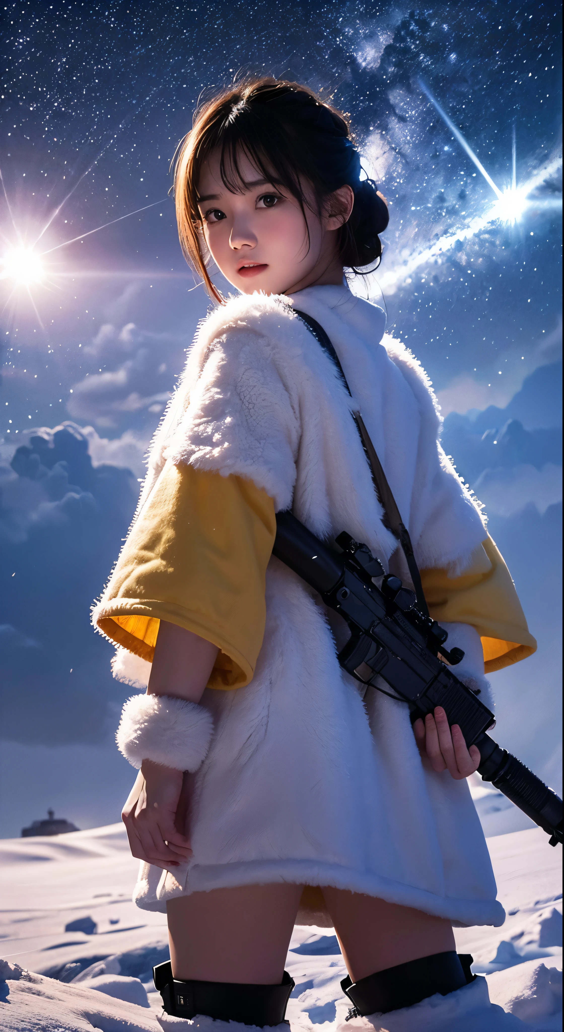 High-resolution images、8k resolution、Highest quality、masterpiece:1.2、Real、Photorealistic:1.37、Super detailed、Highest quality、Ultra-high resolution、Professional Lighting、Photon Mapping、Good composition、Facial details:1.2、35mm lens:1.25、(Tusken Raider)+、ice planet、There is a blizzard of snow、A Star Destroyer appears in the sky、Shoot right with blaster rifle、Shoot with yellow body armor
