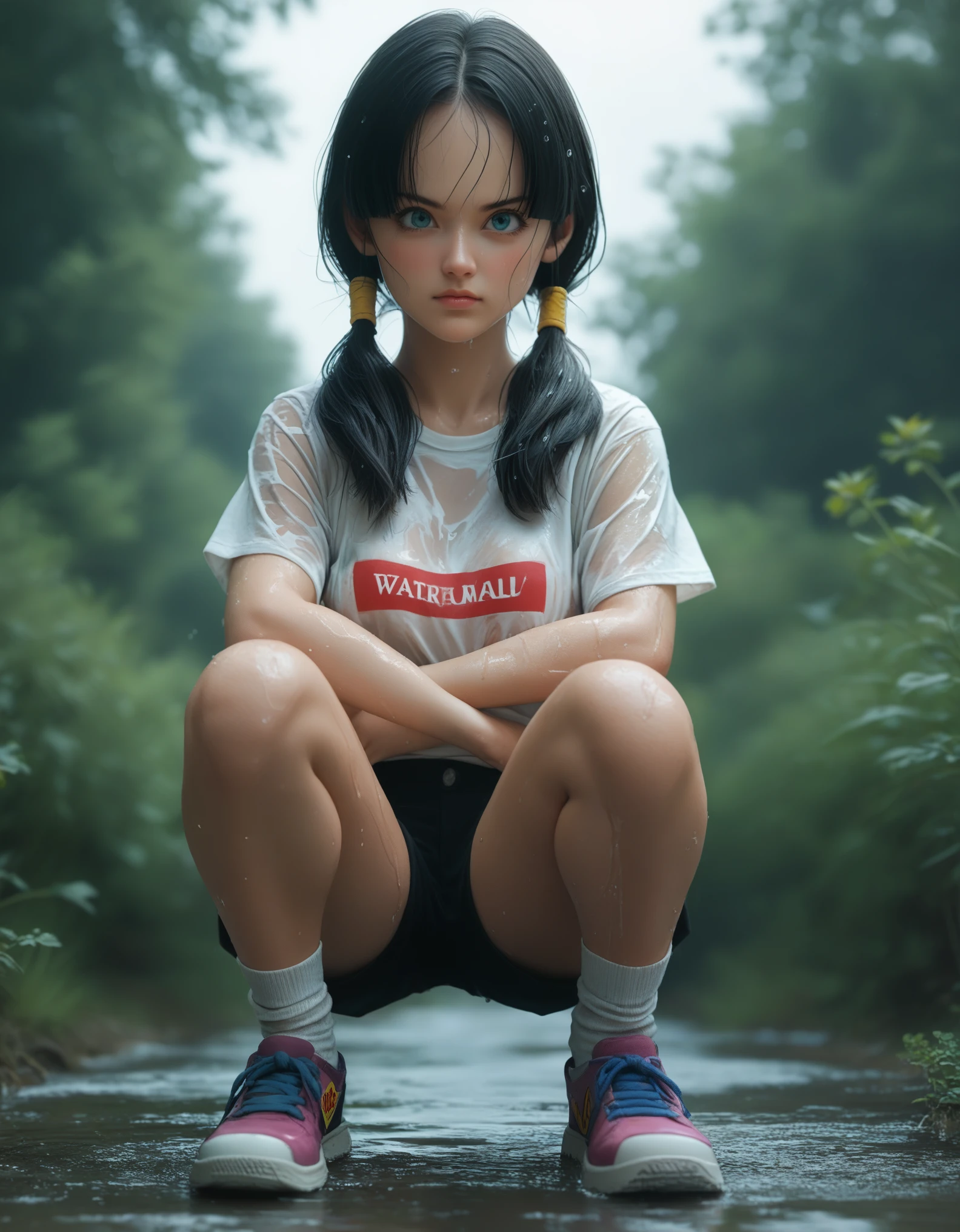 Vibrant, colorful anime-style illustration featuring a young woman Videl wet t-shirt with long black hair tied in pigtails. She has fair skin and large blue eyes, with a slightly flushed expression. She is wearing a white t-shirt that is wet and clings to her body, revealing her figure, and black shorts. She also has white socks and purple-accented shoes. The background is a mix of bright colors, including purple, yellow, and green, suggesting an outdoor setting with abstract elements. The overall composition is dynamic, with the character looking upwards, creating a sense of depth and perspective. anime, anatomically correct, super detail, high quality, 4K