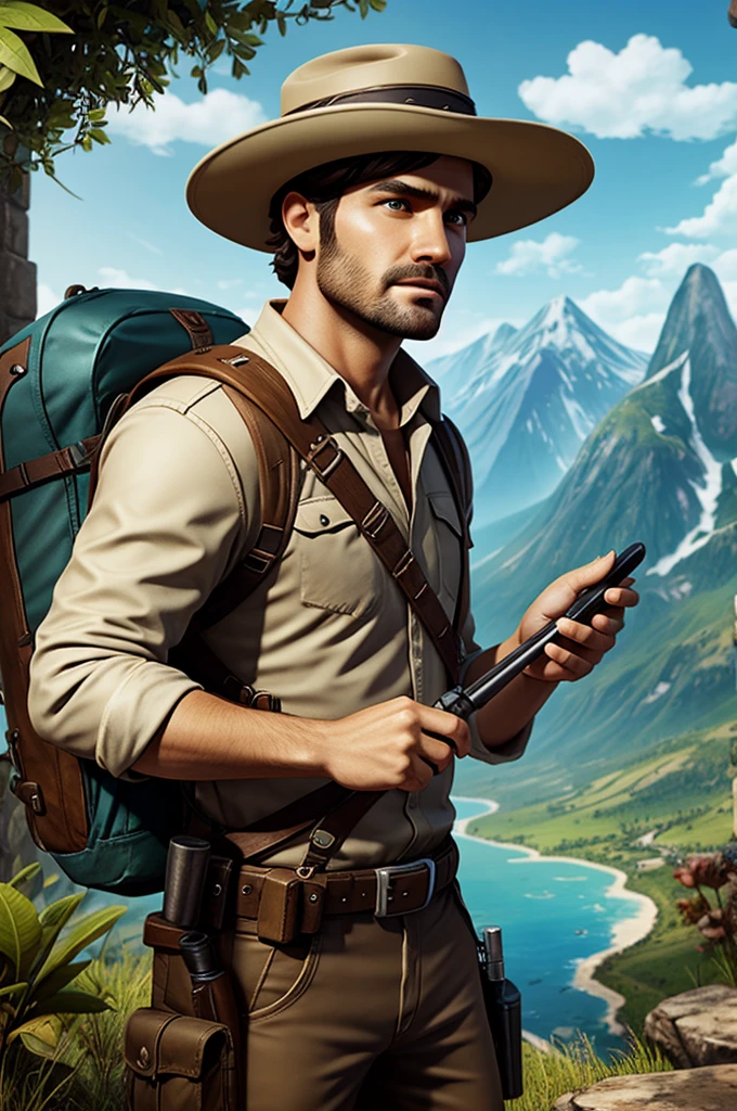 A game character with a magnifying glass in his hand and an explorer&#39;s coat