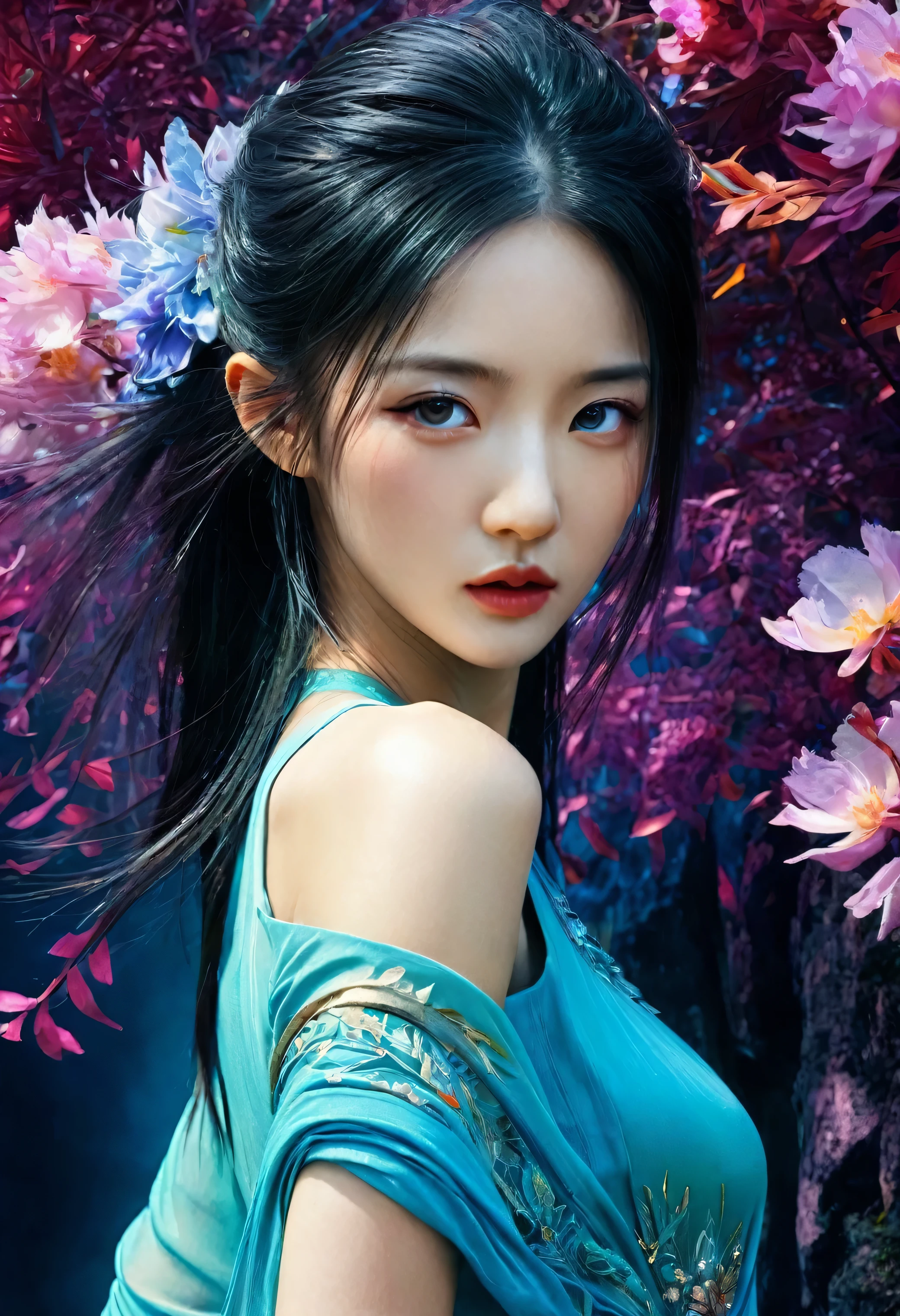 <(Digital watercolor Illustration of a (oriental beauty), by JB, Waterhouse, Carne Griffiths, Minjae Lee, Ana Paula Hoppe, Stylized watercolor art, Intricate, Complex contrast, HDR, Sharp, soft Cinematic Volumetric lighting, flowery pastel colours, wide long shot, perfect masterpiece:):1.0, (upper thighs shot:1.3),
<(detailed matte painting, deep color, fantastical, intricate detail, splash screen, complementary colors, fantasy concept art, 8k resolution trending on Artstation Unreal Engine 5):0.9,