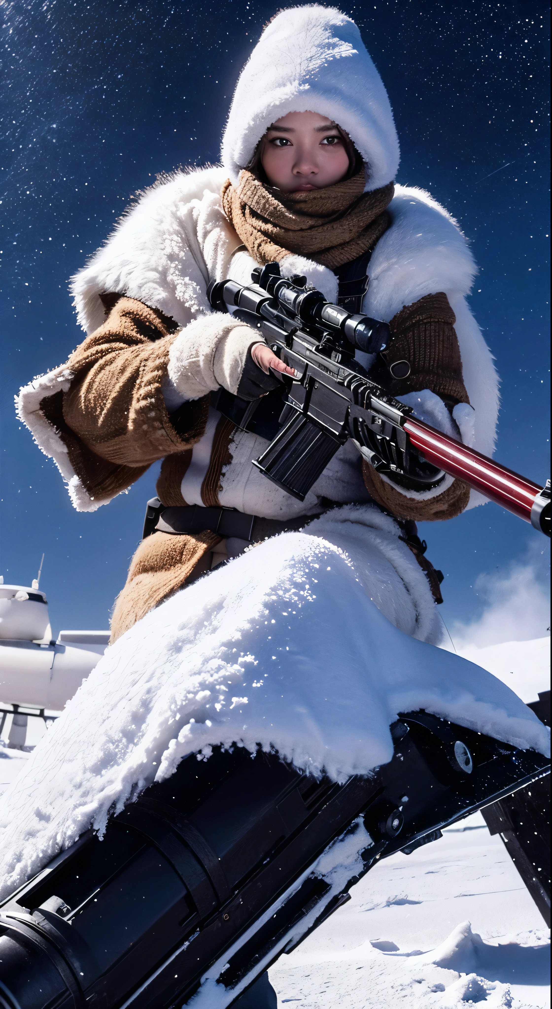 High-resolution images、8k resolution、Highest quality、masterpiece:1.2、Real、Photorealistic:1.37、Super detailed、Highest quality、Ultra-high resolution、Professional Lighting、Photon Mapping、Good composition、Facial details:1.2、35mm lens:1.25、(Tusken Raider)+、　ice planet、There is a blizzard of snow、A Star Destroyer appears in the sky、Shoot the rifle right、Shoot with red body armor
