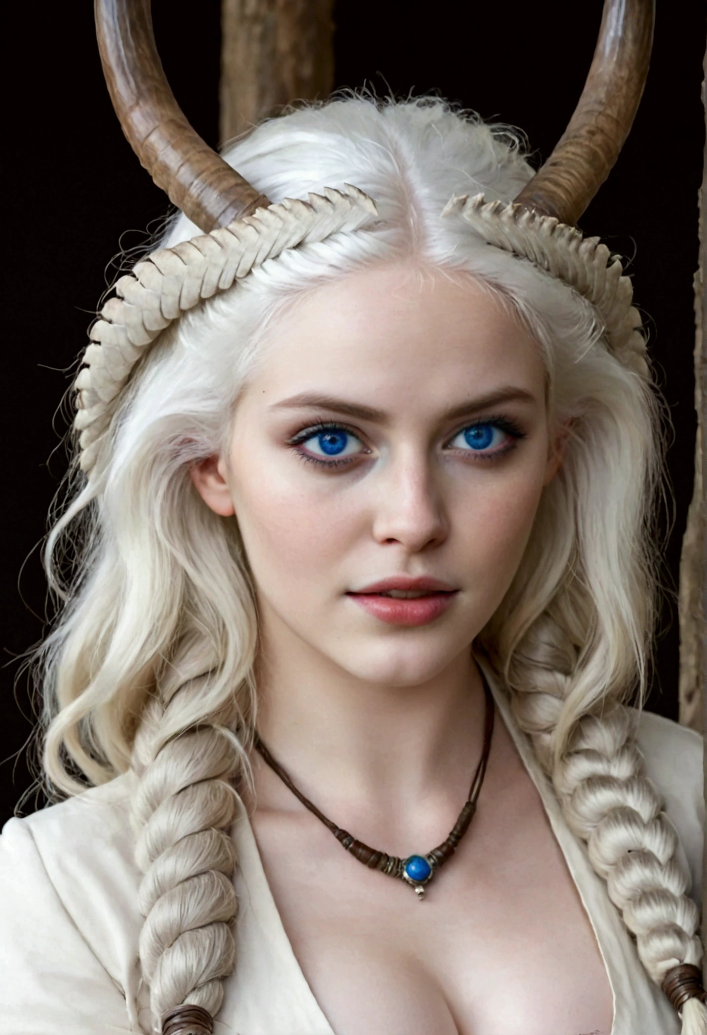 Pale white skinned girl, fawn, thick coiled ram's horns, white hair, blue eyes, portrait