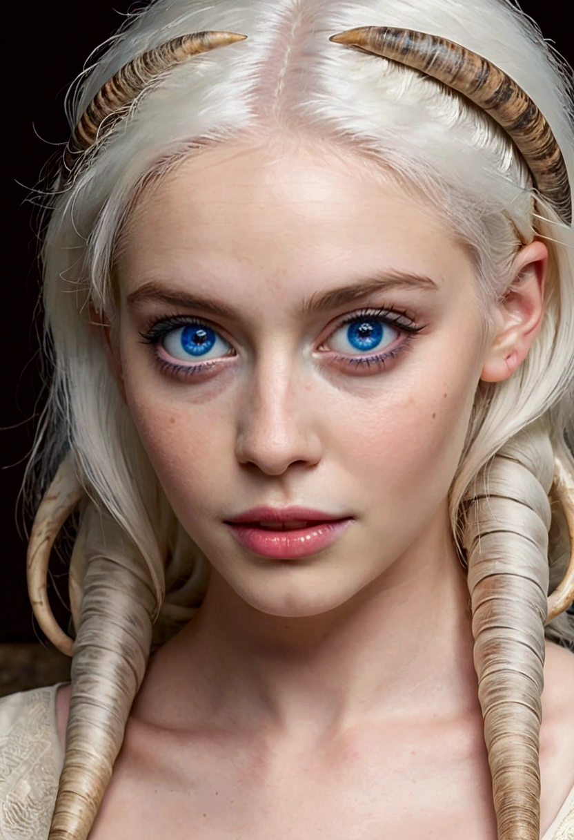 Pale white skinned girl, fawn, thick coiled ram's horns, white hair, blue eyes, portrait