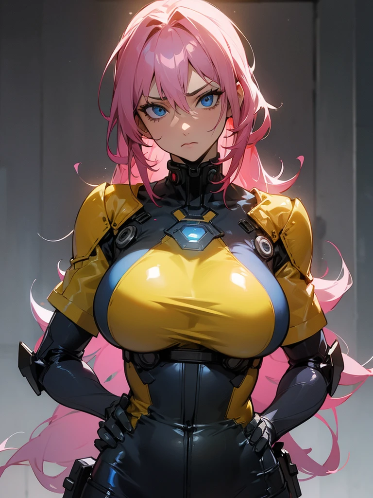 fake big breats, blue eyes detailed 8k , Mulher madura in metal gear rising raiden body details, bust photo, big pink hair, shining blue eyes, wearing a mustard yellow jumpsuit, breasts big, looking 35 years old, eye on the spectator, look to the camera, , The background is a cyberpunk city, Expression of vengeance, facefocus, facing the front, focus on bust, massive tits
