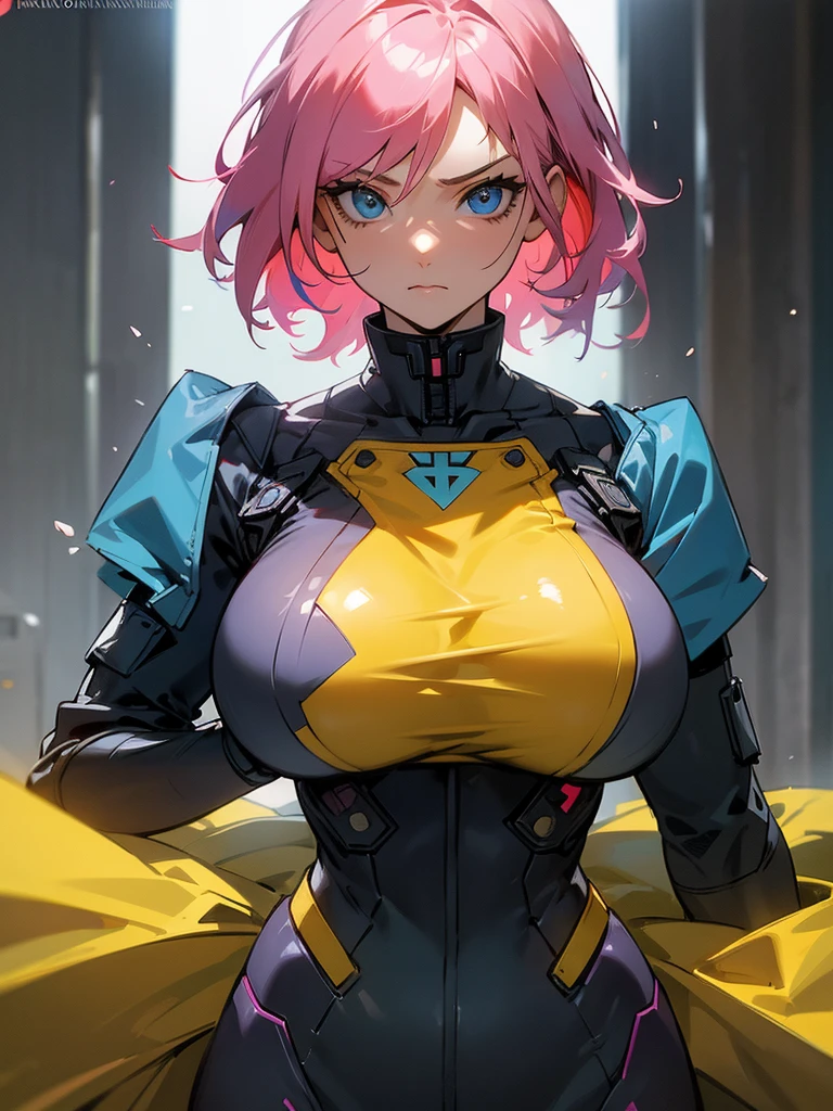 fake big breats, blue eyes detailed 8k , Mulher madura in metal gear rising raiden body details, bust photo, big pink hair, shining blue eyes, wearing a mustard yellow jumpsuit, breasts big, looking 35 years old, eye on the spectator, look to the camera, , The background is a cyberpunk city, Expression of vengeance, facefocus, facing the front, focus on bust, massive tits
