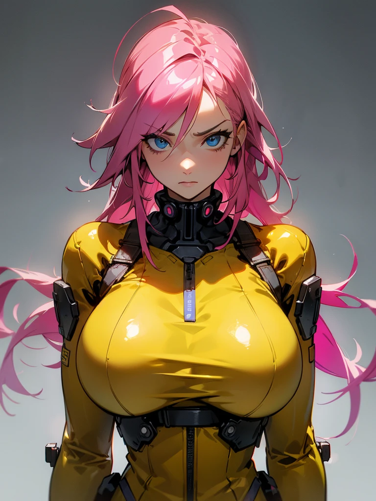 fake big breats, blue eyes detailed 8k , Mulher madura in metal gear rising raiden body details, bust photo, big pink hair, shining blue eyes, wearing a mustard yellow jumpsuit, breasts big, looking 35 years old, eye on the spectator, look to the camera, , The background is a cyberpunk city, Expression of vengeance, facefocus, facing the front, focus on bust, massive tits
