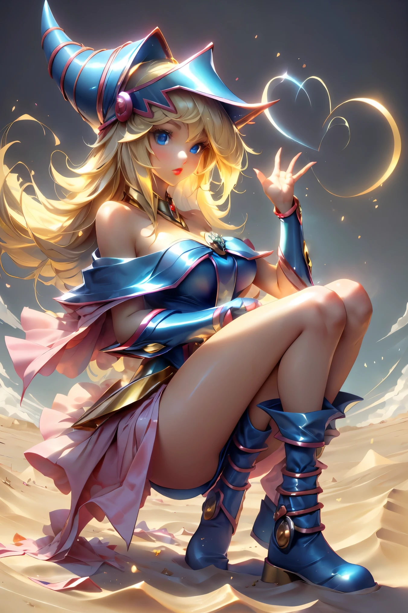 Dark magician gils dressed as the sand goddess from Saint Seiya. Vestido white, tight, white. blond hair. blue eyes. Red lips. Whole body. Athena background. Sensual and innocent pose. Magic circle around you. Magic of the heart in the air.