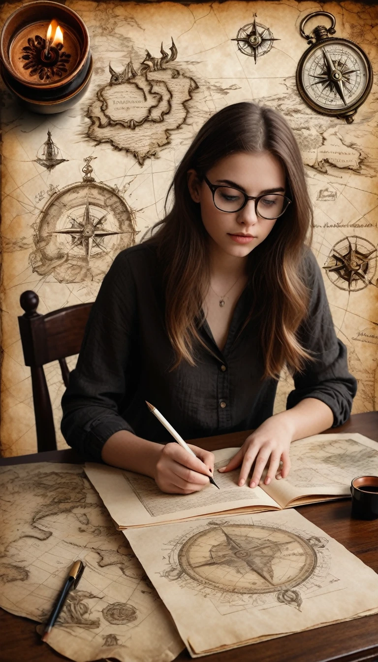 Portrait of a beautiful modern girl with glasses at the table, writing text on a sheet of parchment, porcelain cup of hot black coffee and a candlestick with lit candles next to parchment, beautiful graceful hands with beautiful fingers, concentrated thoughtful look; Drawn on paper，sketch，old parchment，pencil sketch，Stereoscopic light and shadow，The background is a mixture of fantasy and science fiction, image of a girl on the bottom right in the center of the picture at the edge,
(Detailed map of Treasure Island and text on ancient parchment, Rose of Wind, compass), documentation,Rich and delicate touches，