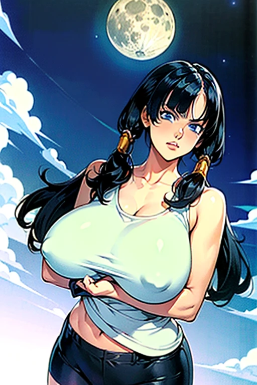 Waifu, masterpiece, curvy, breasts, moon, full moon, gloves, 1girl, clenched teeth, videl, cleavage, large breasts, teeth, ((straight black hair)), ((white top:1.3)), blue eyes, rating:explicit,rule34, hardcore, ,clenched hands, night, sky, ((side bangs:1.4)), (white skin:1.5), bare shoulders, blue hair, clenched hand, rating:questionable, ((low twintails:1.5)), ((black tight shorts)), solo, angry, lip biting(gigantic and massive tits:1.1), breasts, official illustration, illustration, detailed face, beautiful intricate eyes,1:2), titsnipples