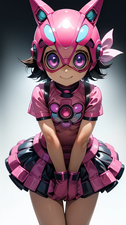 (8k),(masterpiece),(Japanese),(***************),((innocent look)),((Childish)),From the front,smile,cute,Innocent,Kind eyes,Flat chest, Shizuka,Kamen Rider,pink helmet,pink superhero mask,camisa,no Hair,cyberpunk Tokyo City,pink tshirt