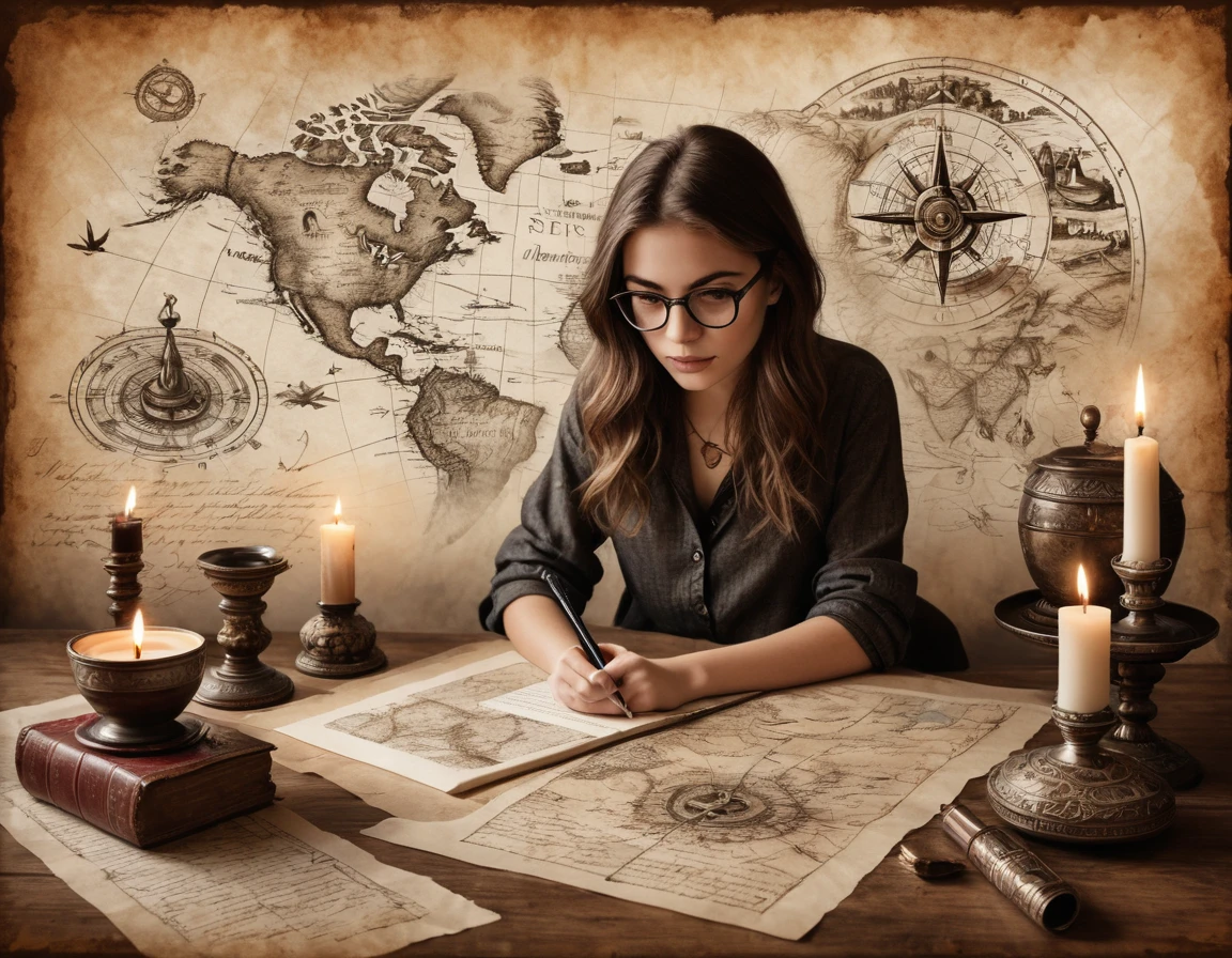 Portrait of a beautiful modern girl with glasses at the table, writing text on a sheet of parchment, porcelain cup of hot black coffee and a candlestick with lit candles next to parchment, beautiful graceful hands with beautiful fingers, concentrated thoughtful look; Drawn on paper,sketch,old parchment,pencil sketch,Stereoscopic light and shadow,The background is a mixture of fantasy and science fiction, image of a girl on the bottom right in the center of the picture at the edge,
(Detailed map of Treasure Island and text on ancient parchment, Rose of Wind, compass), documentation,Rich and delicate touches,