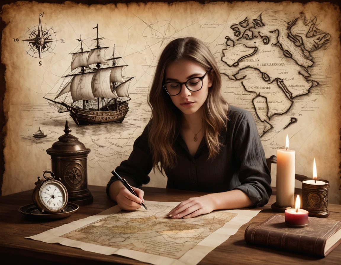 Portrait of a beautiful modern girl with glasses at the table, writing text on a sheet of parchment, porcelain cup of hot black coffee and a candlestick with lit candles next to parchment, beautiful graceful hands with beautiful fingers, concentrated thoughtful look; Drawn on paper,sketch,old parchment,pencil sketch,Stereoscopic light and shadow,The background is a mixture of fantasy and science fiction, image of a girl on the bottom right in the center of the picture at the edge,
(Detailed map of Treasure Island and text on ancient parchment, Rose of Wind, compass), documentation,Rich and delicate touches,