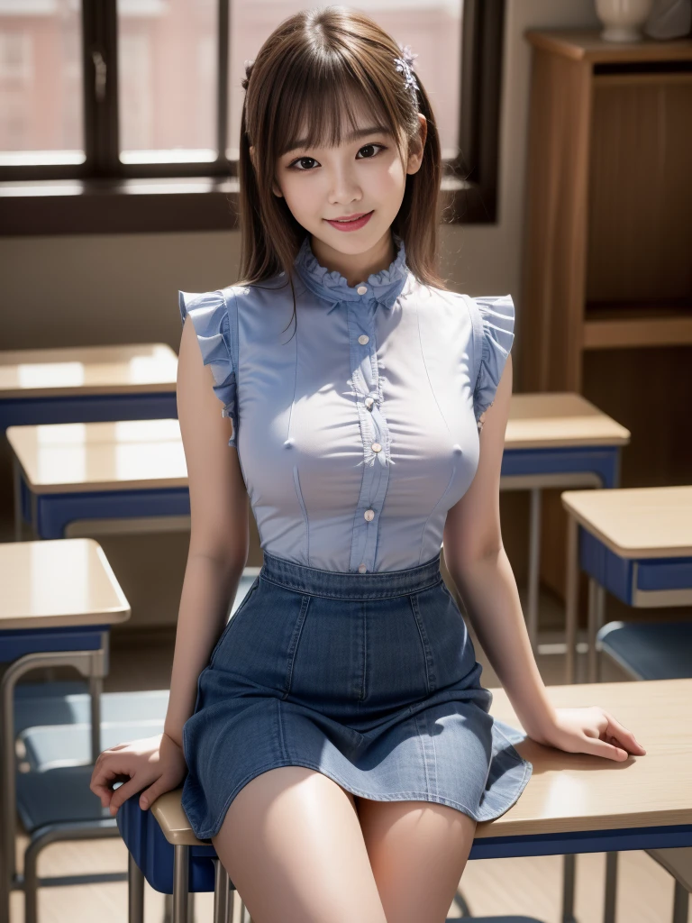 ((masterpiece))、((Highest quality))、photograph、reality、High resolution、Advanced Depth of Field、become close、Realistic lighting、secretary、((Early s))、(Young face:1.5)、(Primary school students:1.5)、(Short)、Delicate facial features、Realistic background and accessories、Big and ample breasts、Sexy lips、library、Tight collared shirt、Wide Shot、Walk among the bookshelves、(Short tight skirt)、Thighs、(smile:1.3)、Emphasize the weight, soft, Round Breasts、whole body、Sit on a chair、(((Bend and open your legs, Showing off her thin pubic hair and genitals)))、(Frilled shirt:1.2)、(See-through shirt)、(Sleeveless shirt)