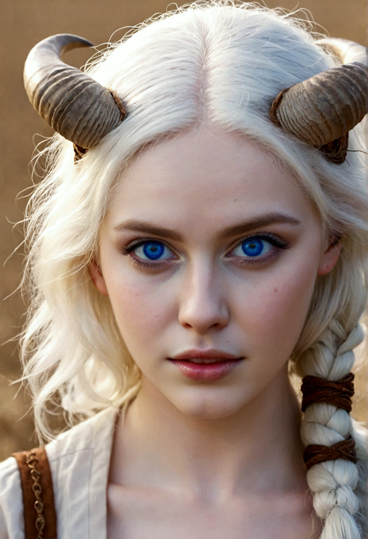 Pale white skinned girl, fawn, thick ram's horns, white hair, blue eyes, portrait