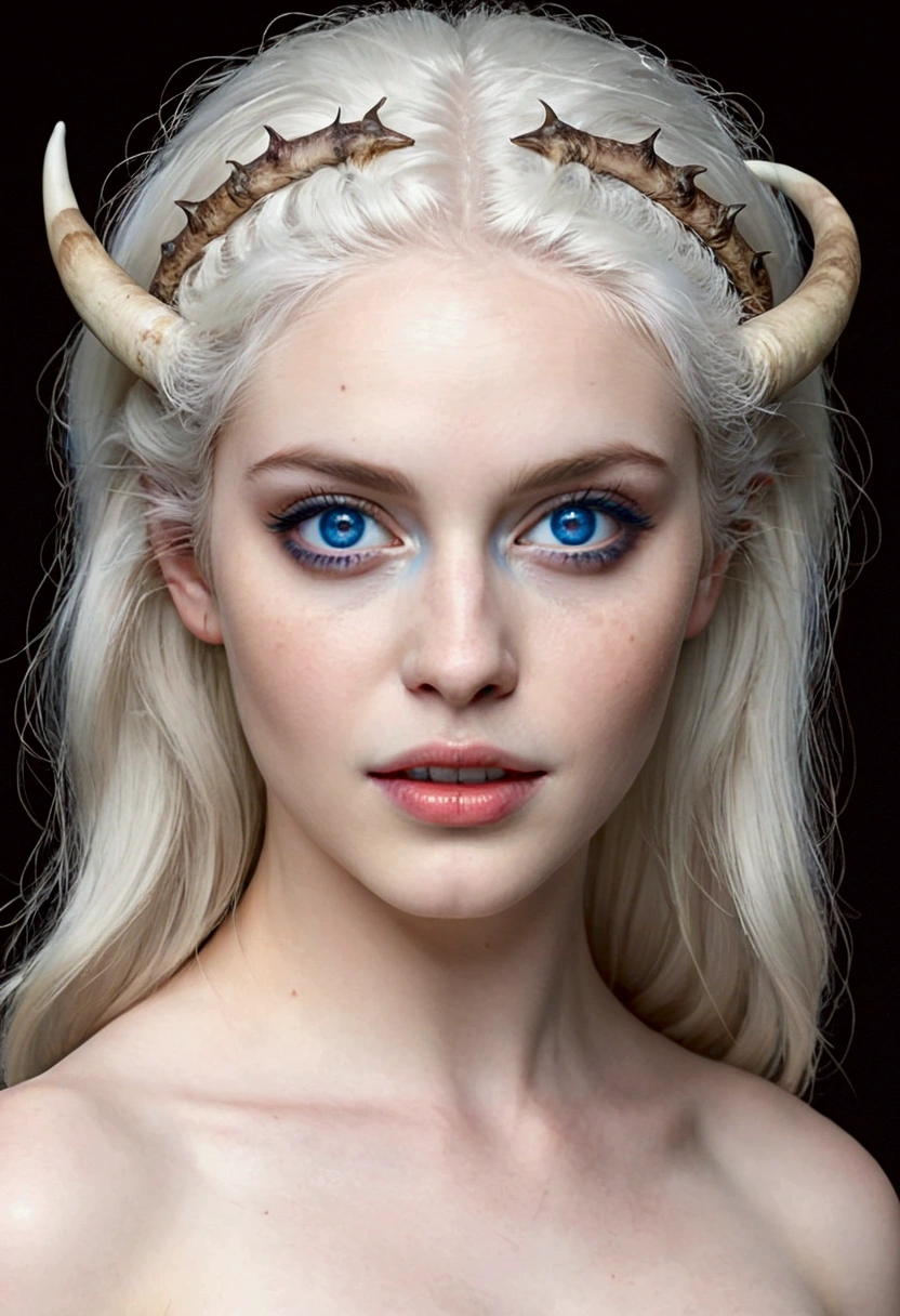 Pale white skinned girl, fawn, thick ram's horns, white hair, blue eyes, portrait