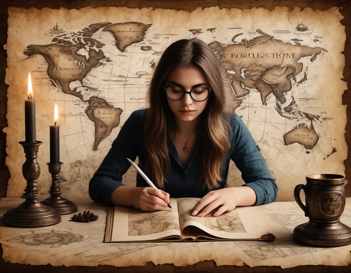 Portrait of a beautiful modern girl with glasses at the table, writing text on a sheet of parchment, porcelain cup of hot black coffee and a candlestick with lit candles next to parchment, beautiful graceful hands with beautiful fingers, concentrated thoughtful look; Drawn on paper，sketch，old parchment，pencil sketch，Stereoscopic light and shadow，The background is a mixture of fantasy and science fiction, image of a girl on the bottom right in the center of the picture at the edge,
(Detailed map of Treasure Island and text on ancient parchment, Rose of Wind, compass), documentation,Rich and delicate touches，