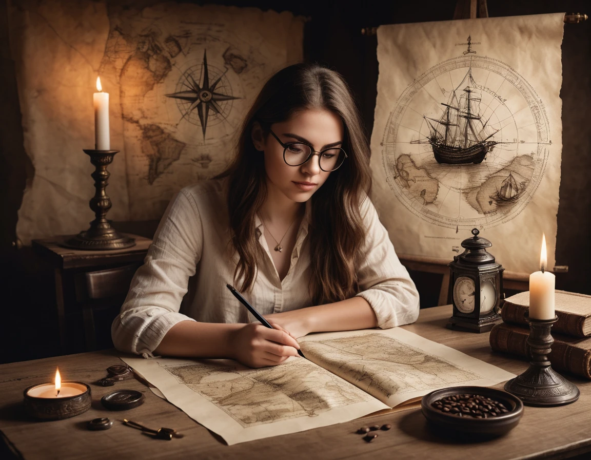 Portrait of a beautiful modern girl with glasses at the table, writing text on a sheet of parchment, porcelain cup of hot black coffee and a candlestick with lit candles next to parchment, beautiful graceful hands with beautiful fingers, concentrated thoughtful look; Drawn on paper，sketch，old parchment，pencil sketch，Stereoscopic light and shadow，The background is a mixture of fantasy and science fiction, image of a girl on the bottom right in the center of the picture at the edge,
(Detailed map of Treasure Island and text on ancient parchment, Rose of Wind, compass), documentation,Rich and delicate touches，