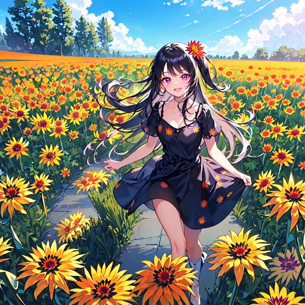 masterpiece, best quality, high quality, extremely detailed, very delicate and beautiful, (1 female 18 years old alone solo:1.5), (long black hair up to waist with two side up:1.5), bangs to eyebrows, eyes (eyes sharp, strong glossy glossy eyes, eyebrows glossy, (eye color magenta:1.3), 6.5 head height, (gazania flower print fashion:1.3), (smiling), (running:1.3), (dynamic pose), (background gazania flower field:1.3), ( blue sky:1.3)