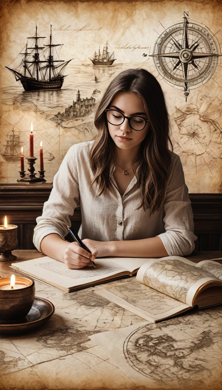 Portrait of a beautiful modern girl with glasses at the table, writing text on a sheet of parchment, porcelain cup of hot black coffee and a candlestick with lit candles next to parchment, beautiful graceful hands with beautiful fingers, concentrated thoughtful look; Drawn on paper，sketch，old parchment，pencil sketch，Stereoscopic light and shadow，The background is a mixture of fantasy and science fiction, image of a girl on the bottom right in the center of the picture at the edge,
(Detailed map of Treasure Island and text on ancient parchment, Rose of Wind, compass), documentation,Rich and delicate touches，