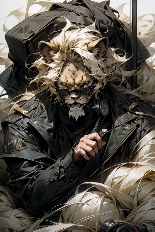 Lion,male,visual band,vocal,micro phone,sunglass,old,hard boiled