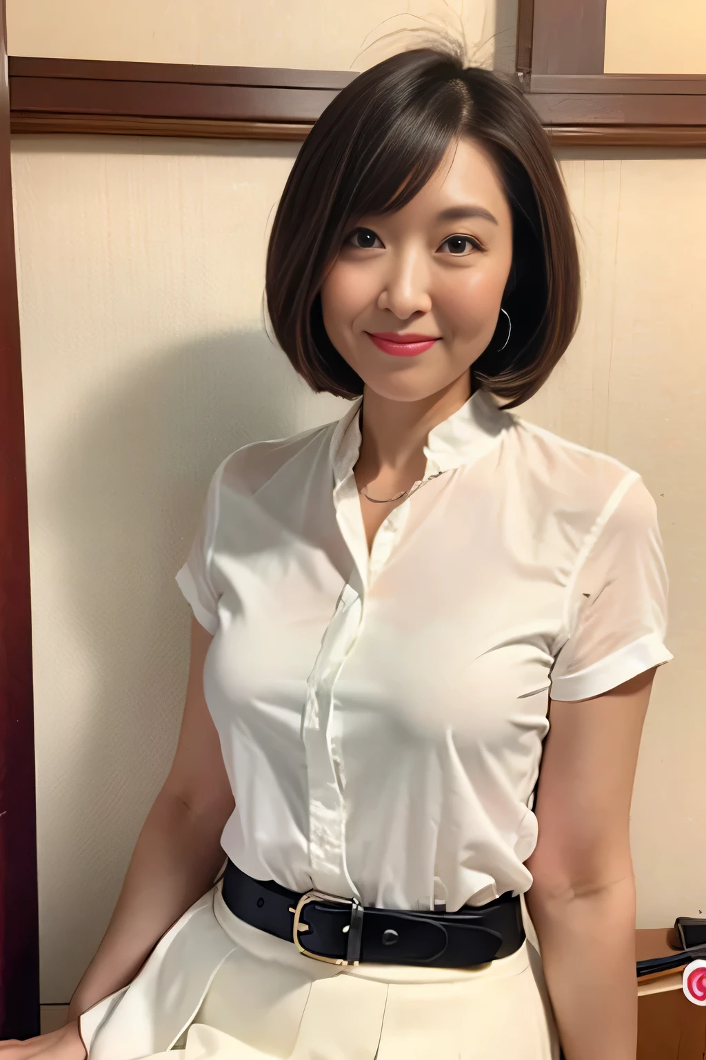 Detailed Background, masterpiece, Highest quality, 1 person , Short Bob Cut Hair, Brown eyes, Stars in my eyes , White blouse, Long skirt、Pencil Skirt、Small breasts、On the bed、Perfect Makeup、