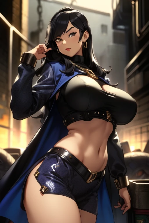 1girl, (solo:1.2), (looking at viewer:1.5), (interesting pose:1.2), (dynamic pose:1.2), (huge breasts:1.2), (happy:1.1), (cowboy shot:1.3), (curvy:1.4), wide hips, slender waist
houtengeki, soft shading, (masterpiece:1.3), (best quality:1.3), (perfect anatomy:1.4), highly detailed, hancock1, boa hancock, cleavage, black hair, long hair, epaulettes, long cape, crop top, long sleeves, side slit, snake earrings,, (night:1.5), (dark alleyway inside a large city:1.2), (chainlink fence:1.2), (trash lying around:1.2), concrete, sparse lighting, (dystopian)