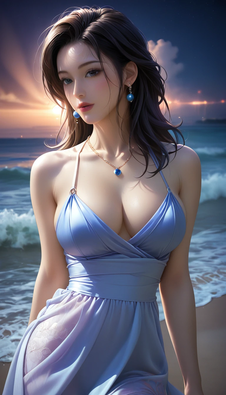 score_9, score_8_superior, score_7_superior, Masterpieces with up to 16K resolution,Highest quality,it is really amazing,Very detailed,Ultra-high resolution,(Ultra-realistic:1.1),(Realistic:1.1),Increased depth of field,Cinematic lighting,
Elegant Japanese MILF,
Long black hair,Ultra-detailed and beautiful faces,Translucent white skin,Very detailedな肌,
Elegant resort dresses,
Bold design,Artistic design,Beautiful and detailed pattern,Detailed fabric texture,
Gorgeous necklace,Earrings,
Bali Beach,Dark beach at night,Deserted beach,A pitch black night sky with dark clouds,
Dramatic Angle,