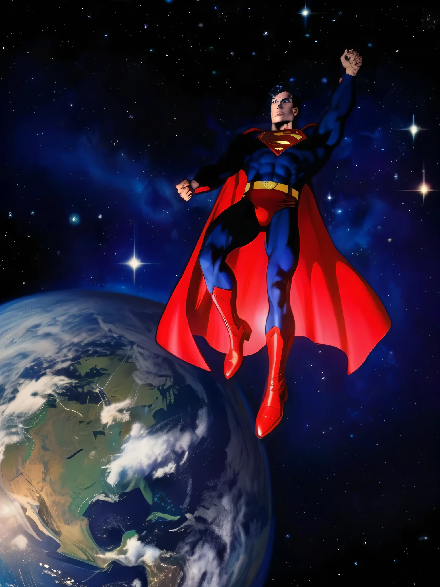 Superman flying in outer space over the earth, comic-style, by Dan Jurgens.