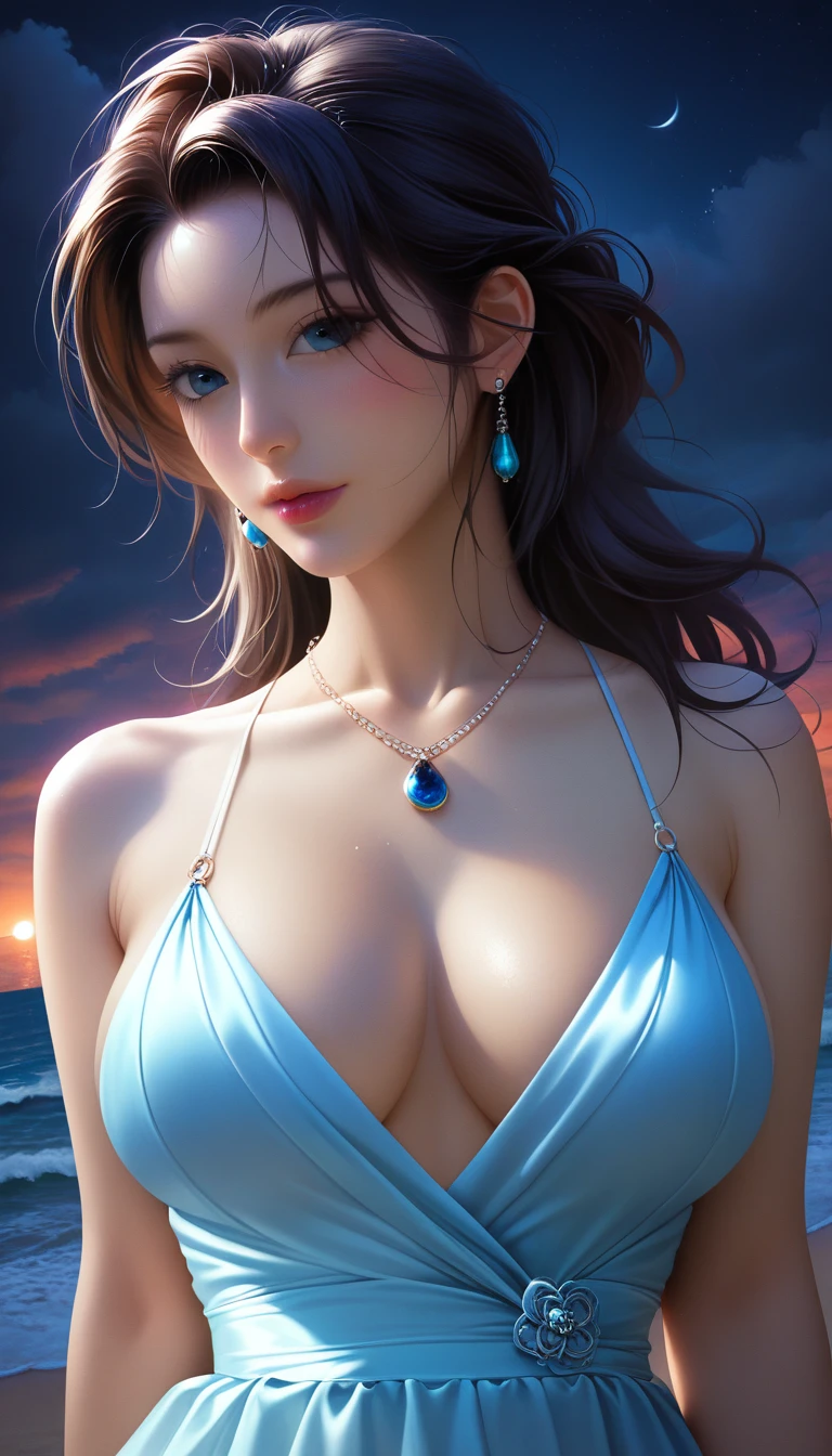 score_9, score_8_superior, score_7_superior, Masterpieces with up to 16K resolution,Highest quality,it is really amazing,Very detailed,Ultra-high resolution,(Ultra-realistic:1.1),(Realistic:1.1),Increased depth of field,Cinematic lighting,
Elegant Japanese MILF,
Long black hair,Ultra-detailed and beautiful faces,Translucent white skin,Very detailedな肌,
Elegant resort dresses,
Bold design,Artistic design,Beautiful and detailed pattern,Detailed fabric texture,
Gorgeous necklace,Earrings,
Bali Beach,Dark beach at night,Deserted beach,A pitch black night sky with dark clouds,
Dramatic Angle,