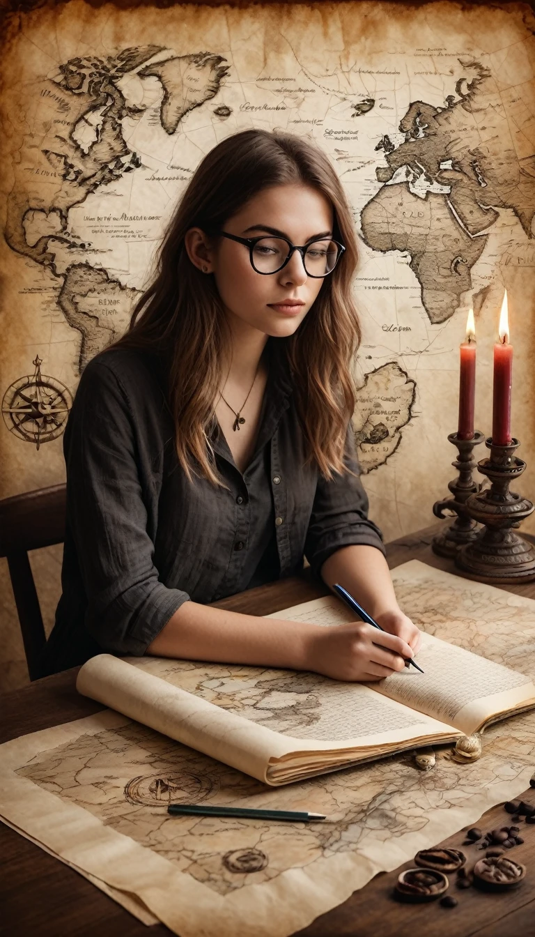 Portrait of a beautiful modern girl with glasses at the table, writing text on a sheet of parchment, porcelain cup of hot black coffee and a candlestick with lit candles next to parchment, beautiful graceful hands with beautiful fingers, concentrated thoughtful look; Drawn on paper，sketch，old parchment，pencil sketch，Stereoscopic light and shadow，The background is a mixture of fantasy and science fiction, image of a girl on the bottom right in the center of the picture at the edge,
(Detailed map of Treasure Island and text on ancient parchment, Rose of Wind, compass), documentation,Rich and delicate touches，