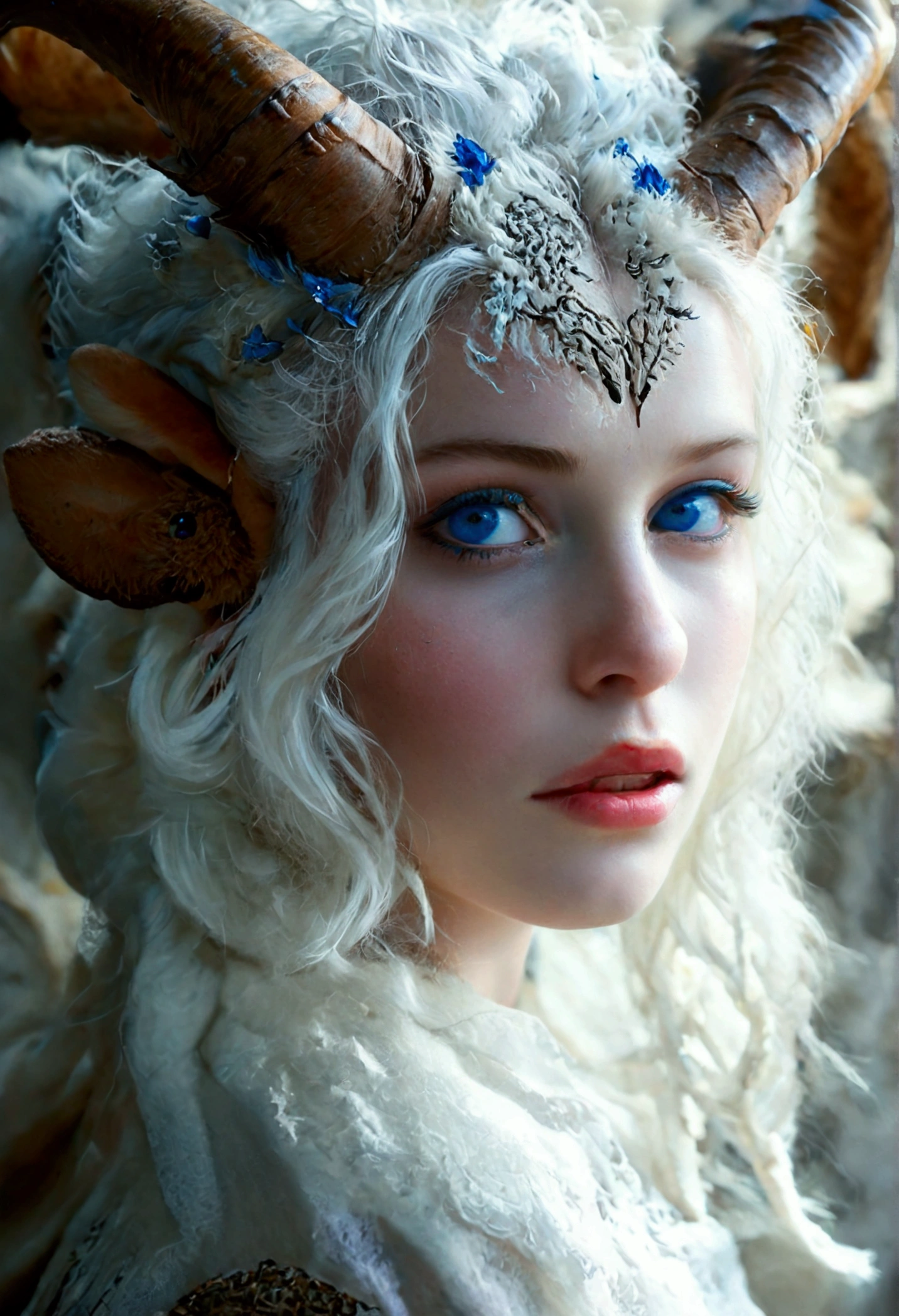 Pale white skinned girl, fawn, thick ram's horns, white hair, blue eyes, portrait