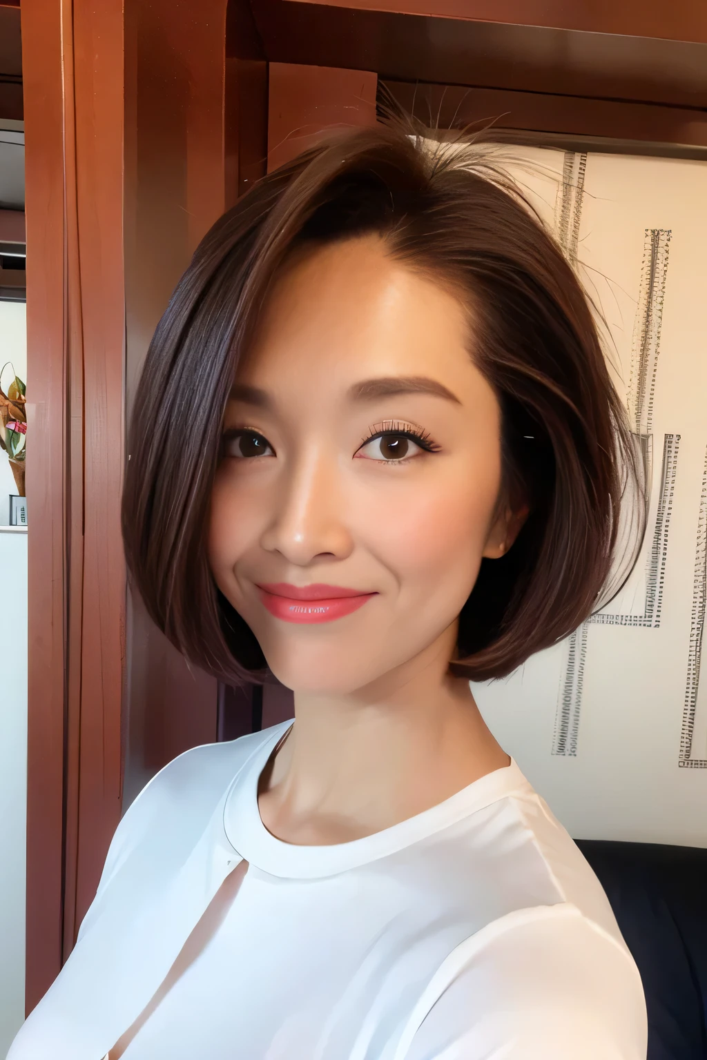 Detailed Background, masterpiece, Highest quality, 1 person , Short Bob Cut Hair, Brown eyes, Stars in my eyes ,  White blouse, Long skirt、Pencil Skirt、Small breasts、On the bed、Perfect Makeup、