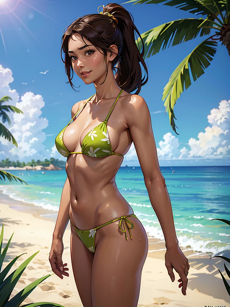 ((highest quality, masterpiece, High resolution)), ((reality)),Photos of beautiful Japanese women,((anime art))、 (((1 girl))), normal size breasts, slim body shape, long ponytail,double eyelid, Wet see-through micro bikini, A pareo with bold ethnic patterns and plenty of primary colors、(Brown skin:1.4),realistic skin、Wet,whole body,cinematic light、tropical、Against the background of palm trees on both sides、on a sunny beach、With the sea in the background、blur background、smile