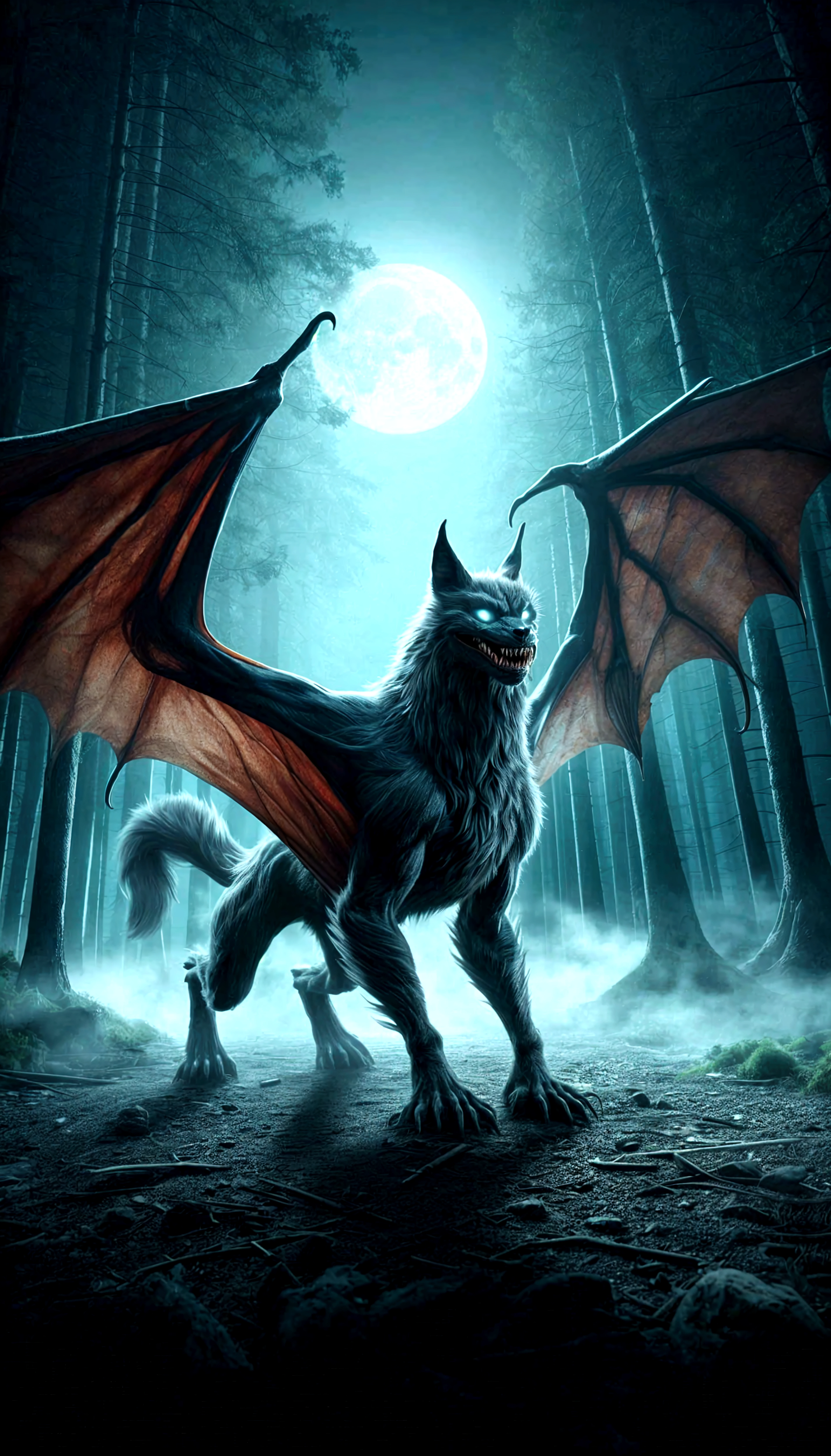 A drawing of a black wolf,with wings, green details and bright eyes , falling into the void with a background of stars and galaxies