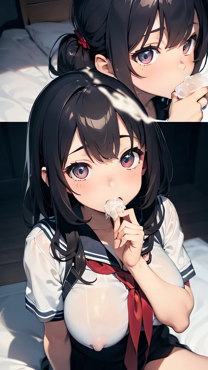 Very detailed CG Unity 8K 壁紙),(masterpiece), (Highest quality), (Very detailed), (Best illustrations),(Best Shadow), Fingering while Fellatio、Simulated fellatio(ice)、Dynamism,functional,sensuous,Large Breasts、Beautiful Eyes、Sailor suit、bed、orgasm、Climax、Draining、Cum in mouth(Bukkake 1.2)