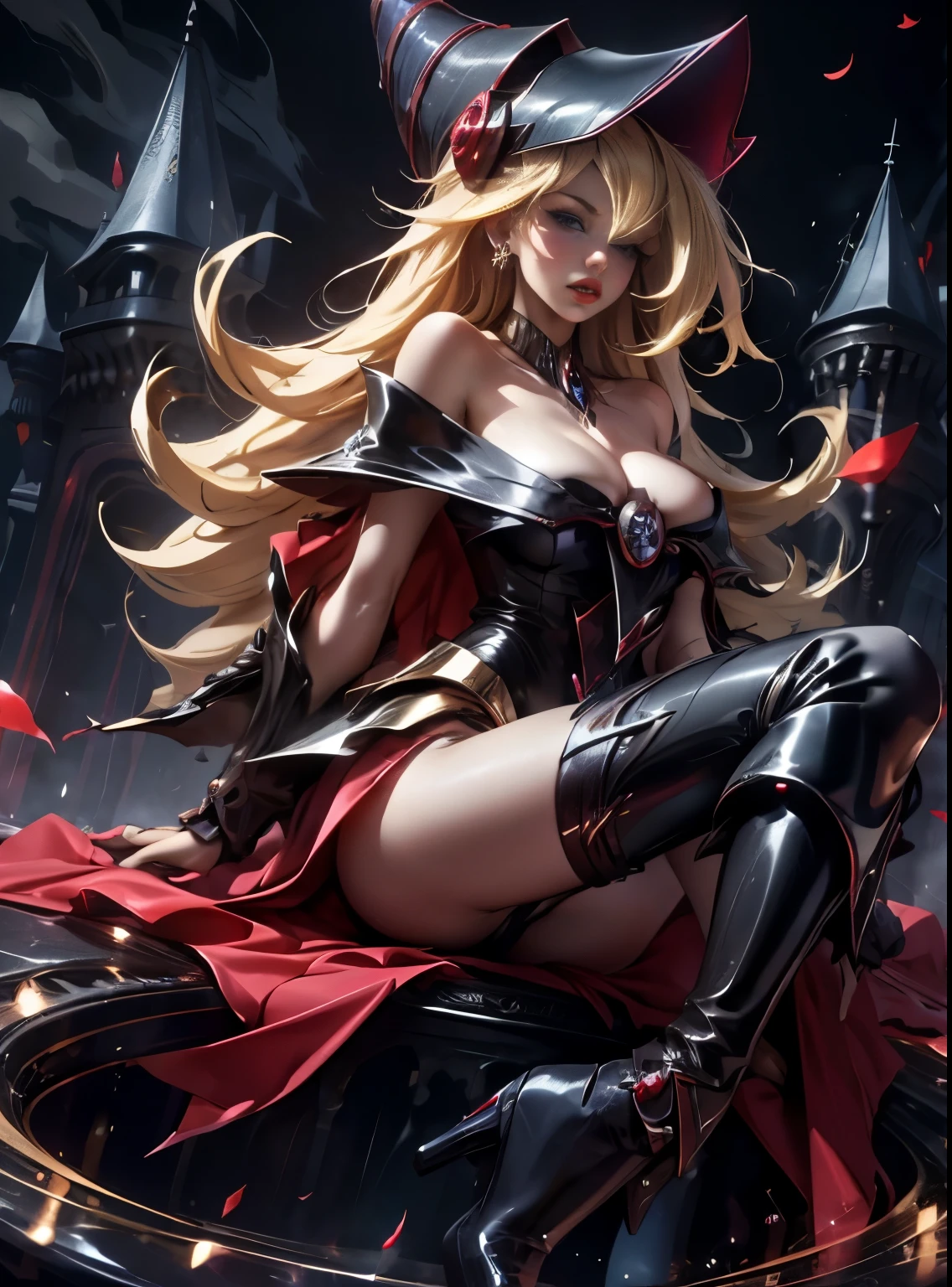 Dark magician gils with black gala dress. She wears red heels, has earrings. Wear necklaces.  Long blonde hair. blue eyes. Red lips. Sensual and subjective pose. castle background 