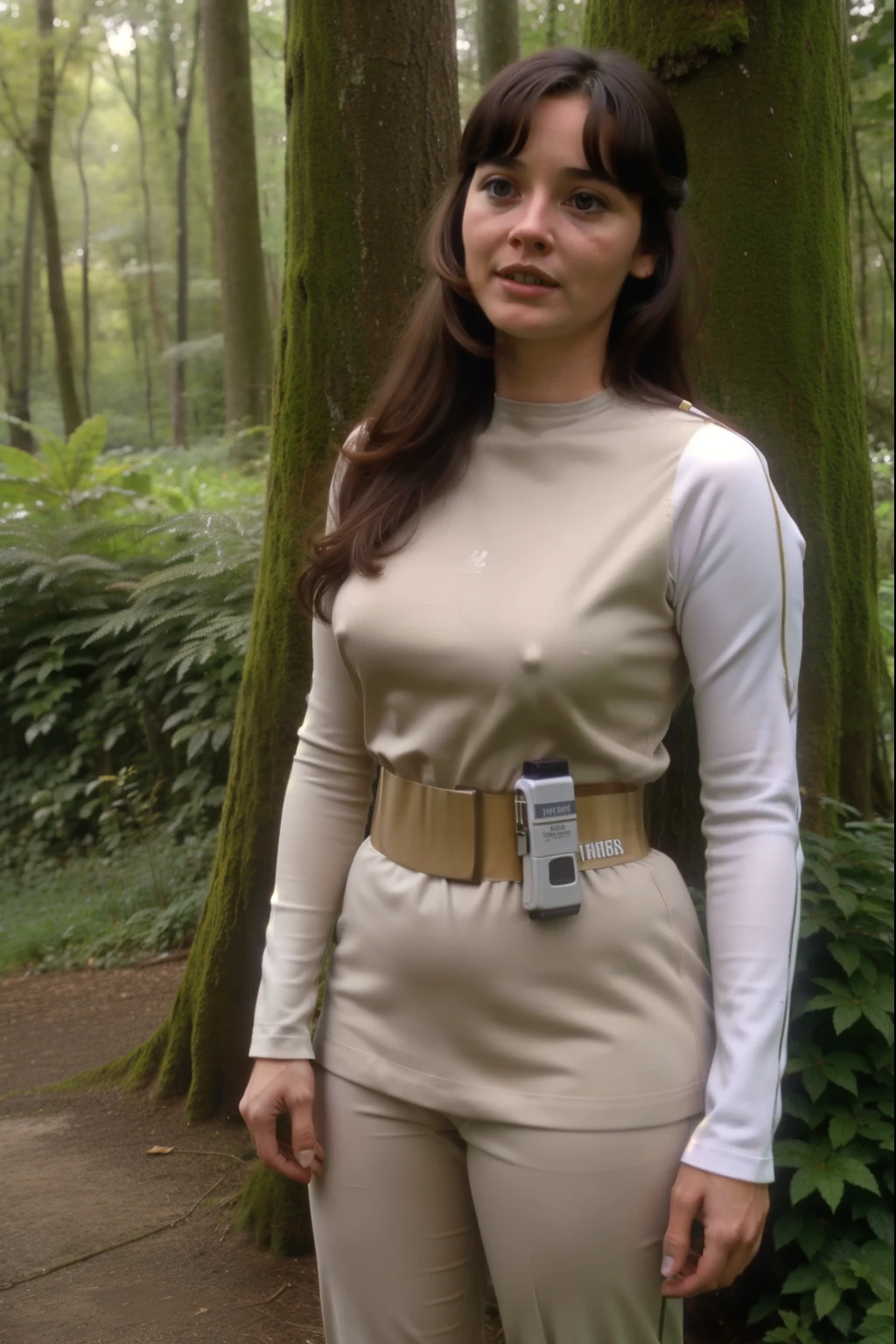 young woman with long hair in s1999unf uniform,white left sleeve,in a forest