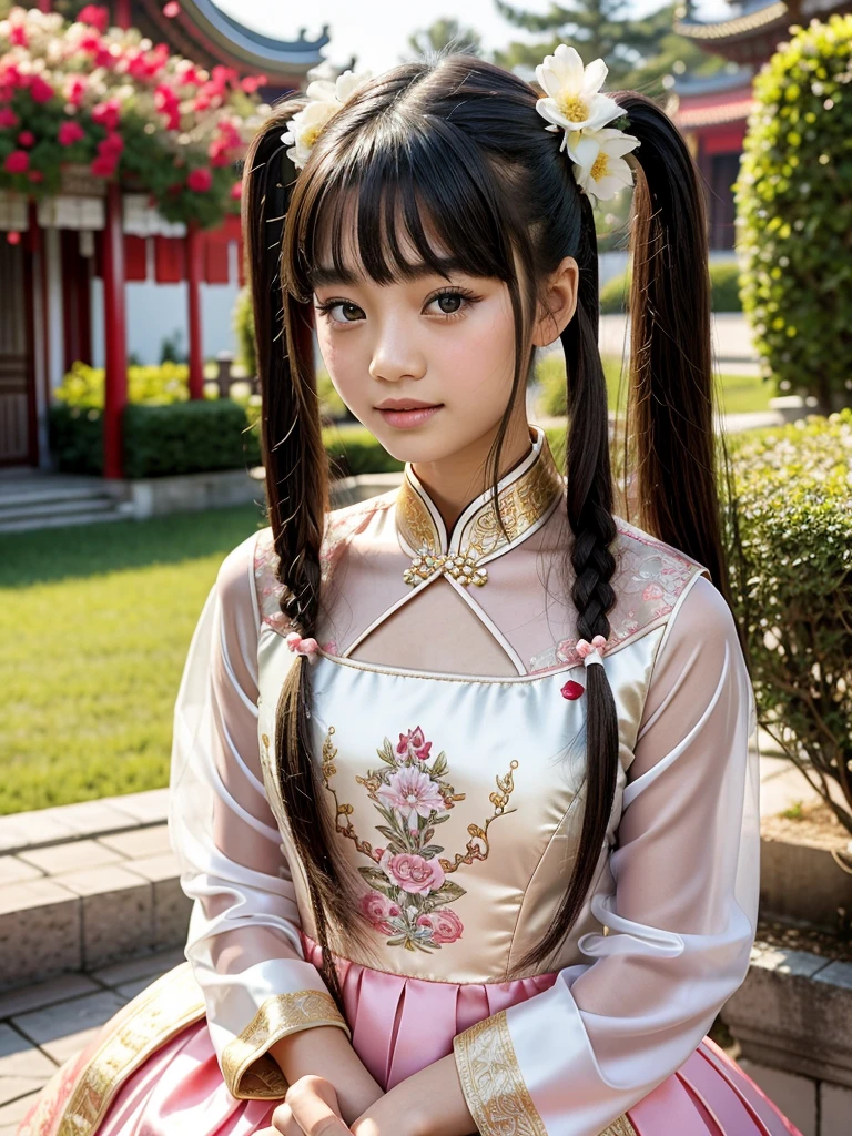Chinese Palace,1,lily,twintails,brunette hair,By bangs,Chinese long micro dress,flowers,12 year old female model,PRİNCESS,ssmile,ultra large neckline: 1.3