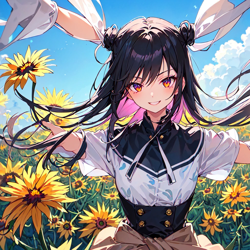 masterpiece, best quality, high quality, extremely detailed, very delicate and beautiful, (1 female 18 years old alone solo:1.5), (long black hair up to waist with two side up:1.5), bangs to eyebrows, eyes (eyes sharp, strong glossy glossy eyes, eyebrows glossy, (eye color magenta:1.3), 6.5 head height, (gazania flower print fashion:1.3), (smiling), (running:1.3), (dynamic pose), (background gazania flower field:1.3), ( blue sky:1.3), (upper body:1.3)