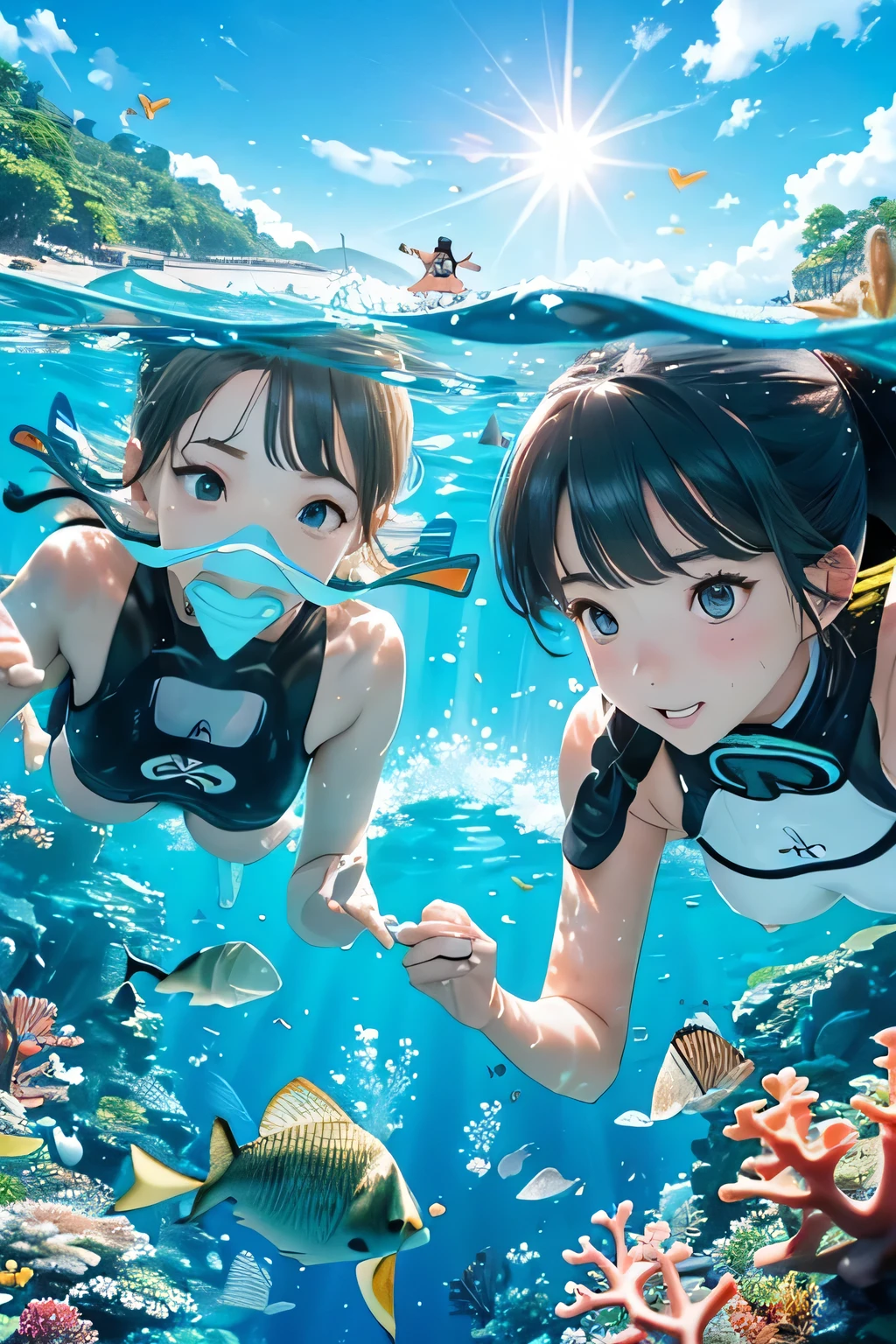 score_9_up, score_8_up, score_7_up, score_6_up, source_アニメ，2d, flat、Eating a popsicle、Black Hair、Pigtails、Navy blue school swimsuit、Brown Skin、(swim ring wrapped around chest)、Red underwater goggles、Ocean、rating_safe