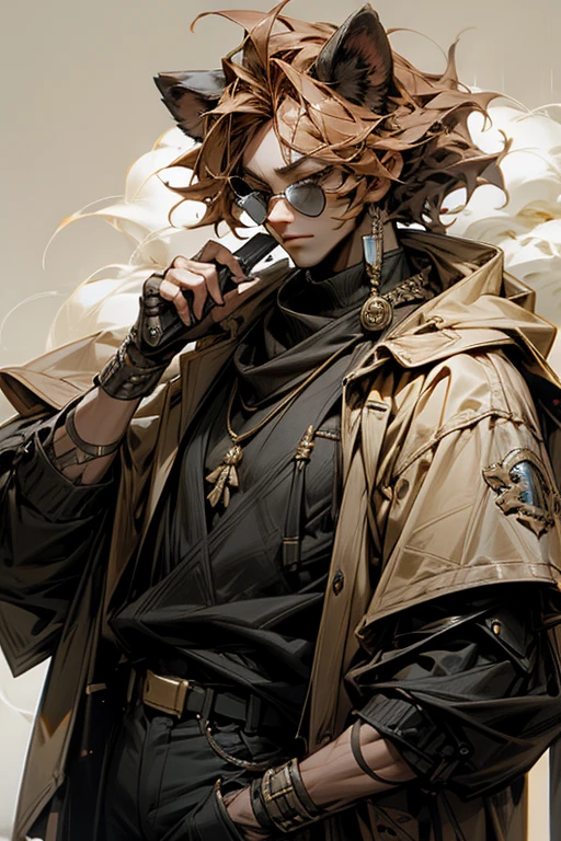 Lion ears,male,visual band,vocal,holding micro phone,sunglass,old,masterpiece,best quality,super detailed,