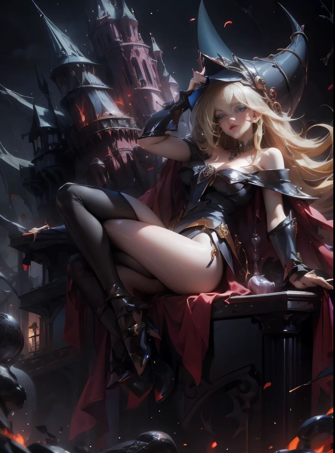 Dark magician gils with black gala dress. She wears red heels, has earrings. Wear necklaces. Long blonde hair. blue eyes. Red lips. Sensual and subjective pose. castle background
