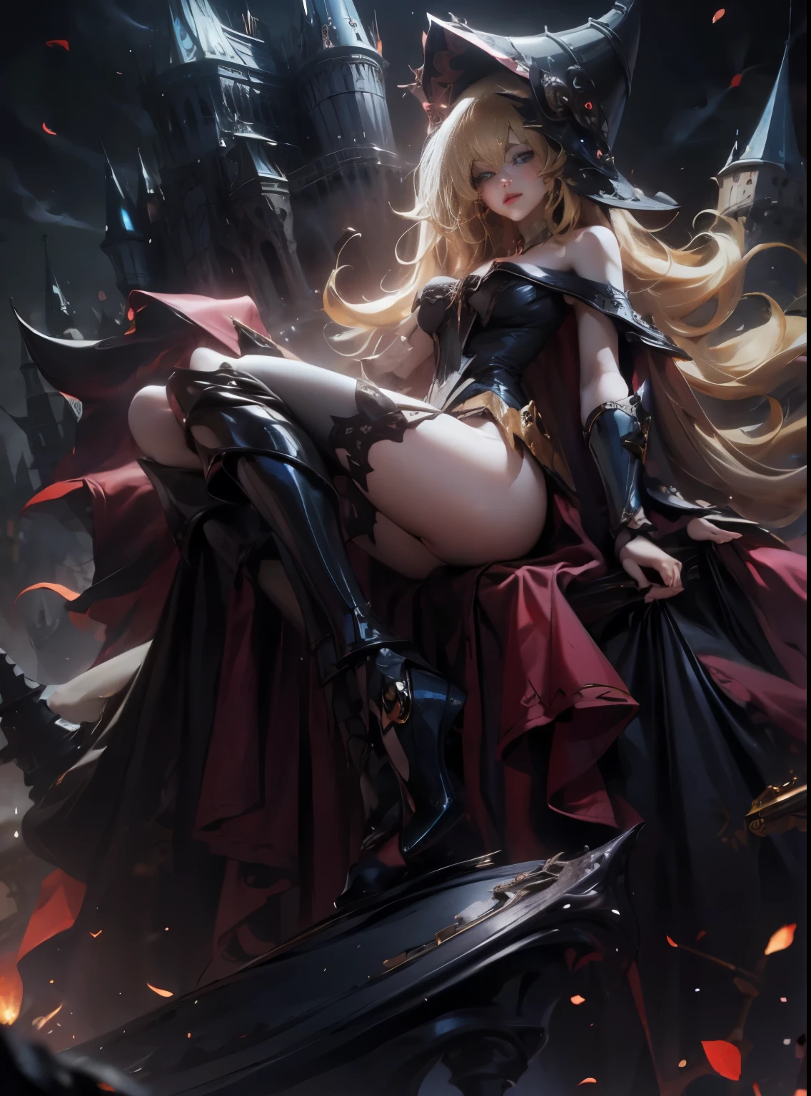 Dark magician gils with black gala dress. She wears red heels, has earrings. Wear necklaces. Long blonde hair. blue eyes. Red lips. Sensual and subjective pose. castle background