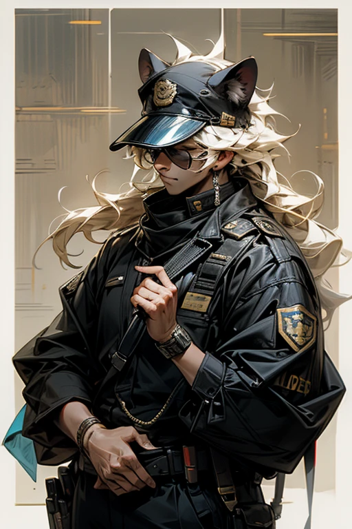 Lion ears,male,visual band,vocal,holding micro phone,sunglass,old,masterpiece,best quality,super detailed,Police Officer,