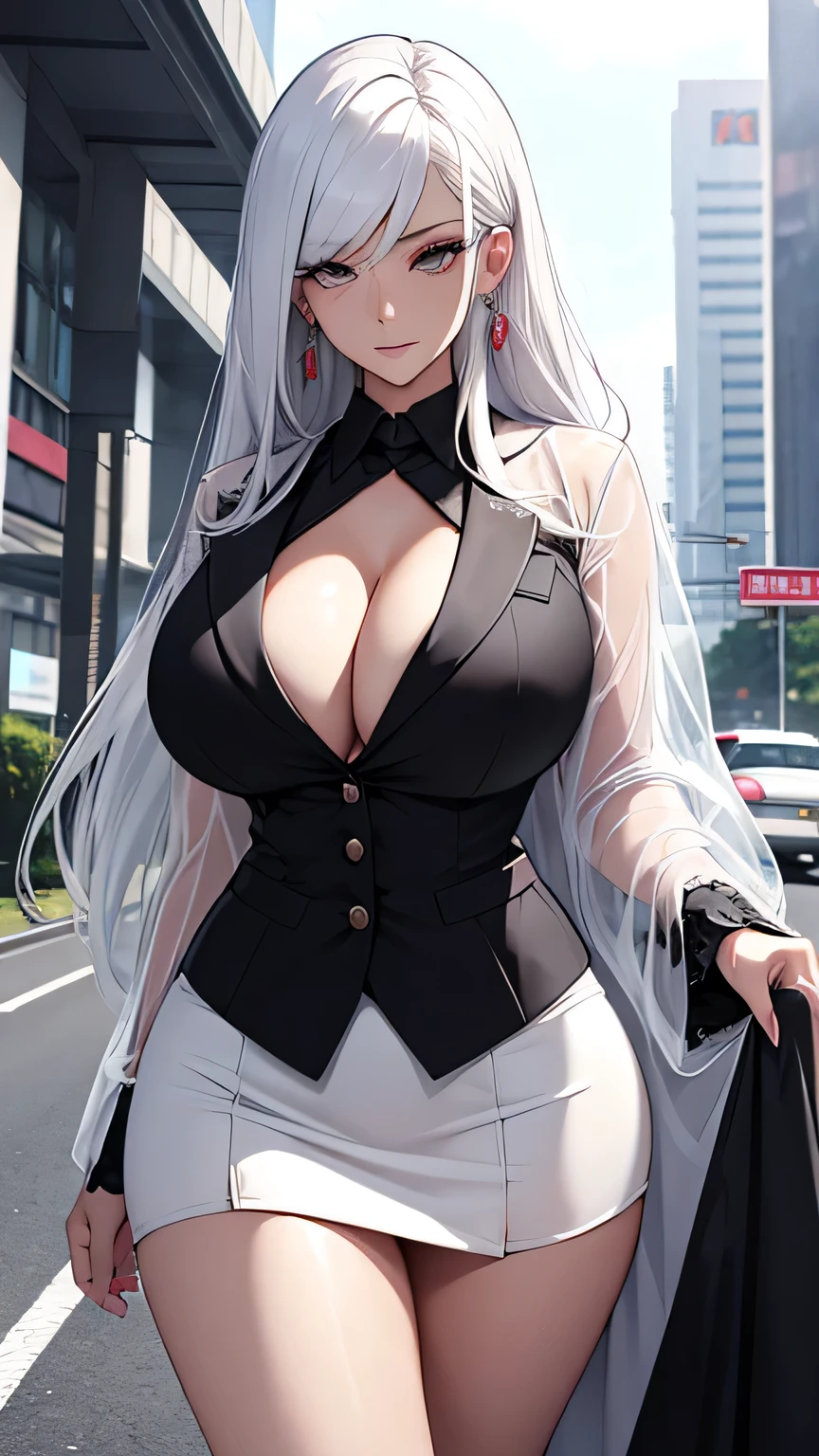 beautiful detailed female mafia boss, earing sexy office suit and transparent robes, mini skirt thigh exposed, white hair, slender, large breast, massive cleavage exposed, huge buttock, walking in the highway arrogantly